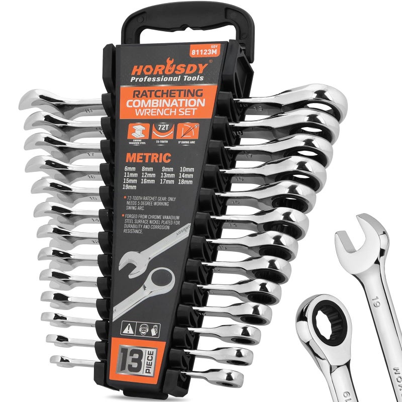 HORUSDY 13-Piece Sturdy Ratcheting Wrench Set | Metric Sizes 6-19mm | Max Torque Ratchet Combination Wrenches Set with Storage Rack | 72-Tooth | Chrome Vanadium Steel - Image 1